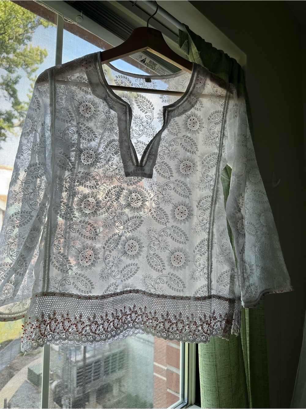 White Embroidered Lace Tunic Top with Beaded Hem